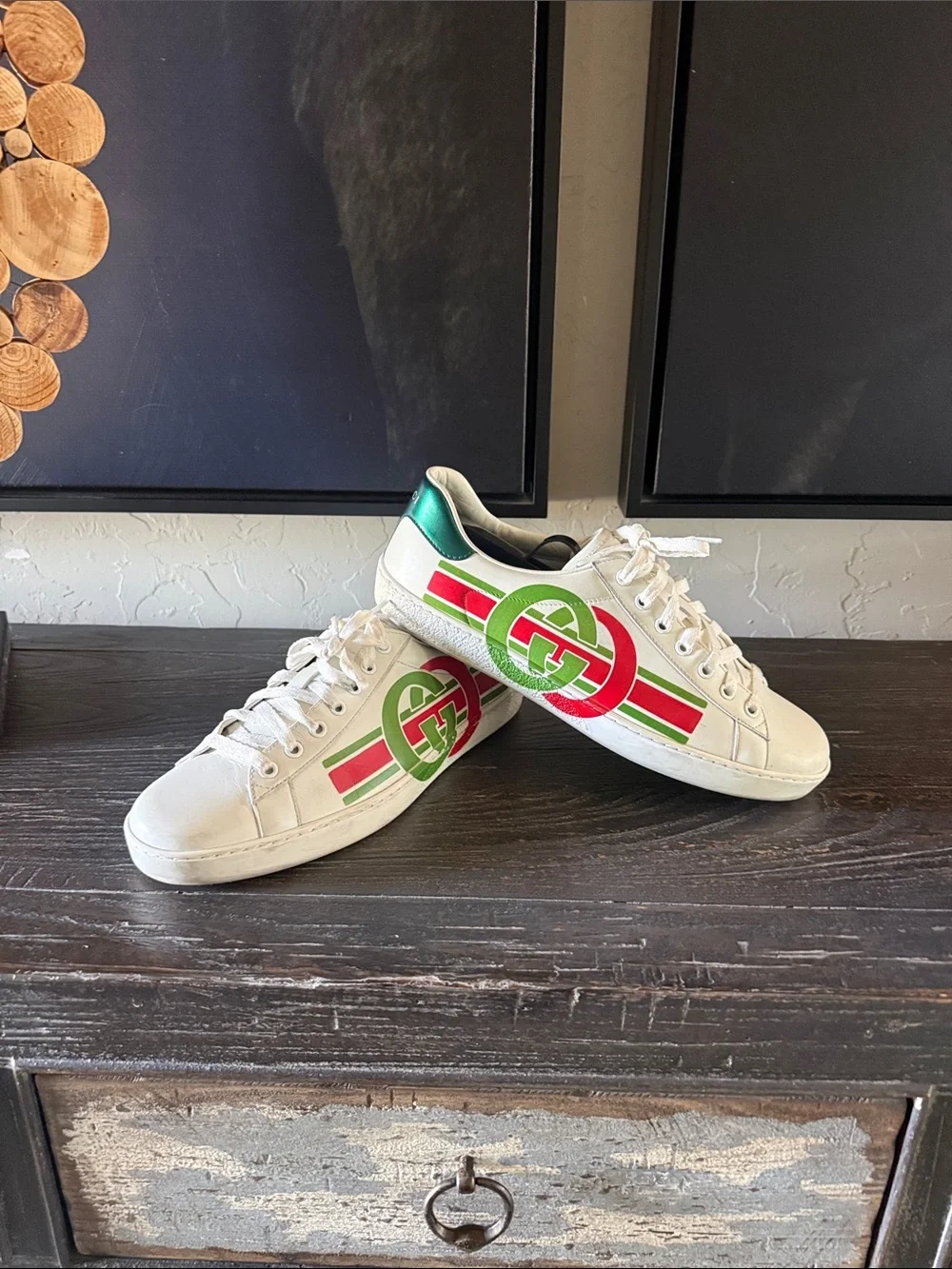 Gucci White Leather Sneakers with Red & Green Side Stripes